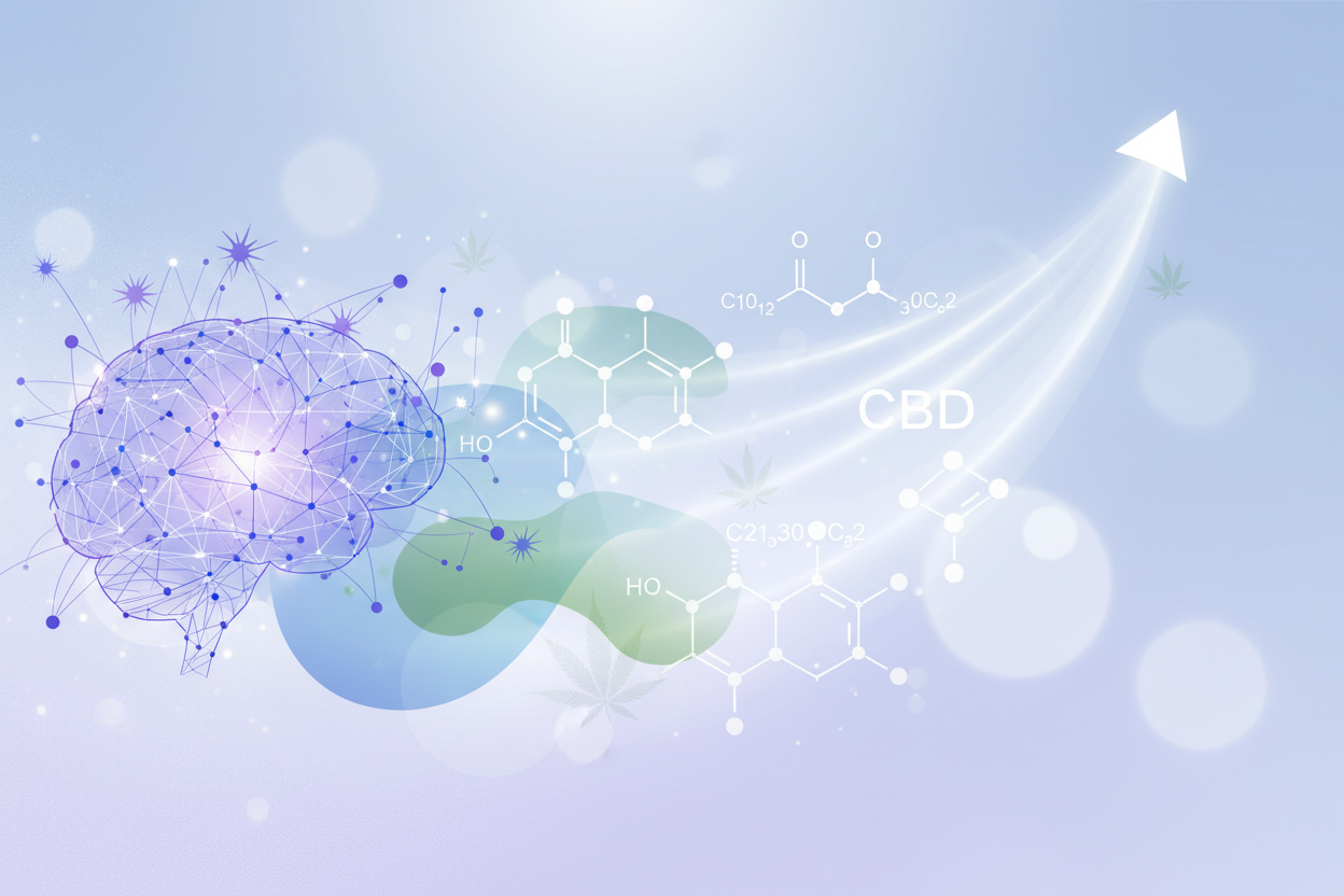 CBD y bienestar emocional - Investigación científica con estructuras moleculares, redes neuronales y elementos de neurociencia sobre fondo calmante