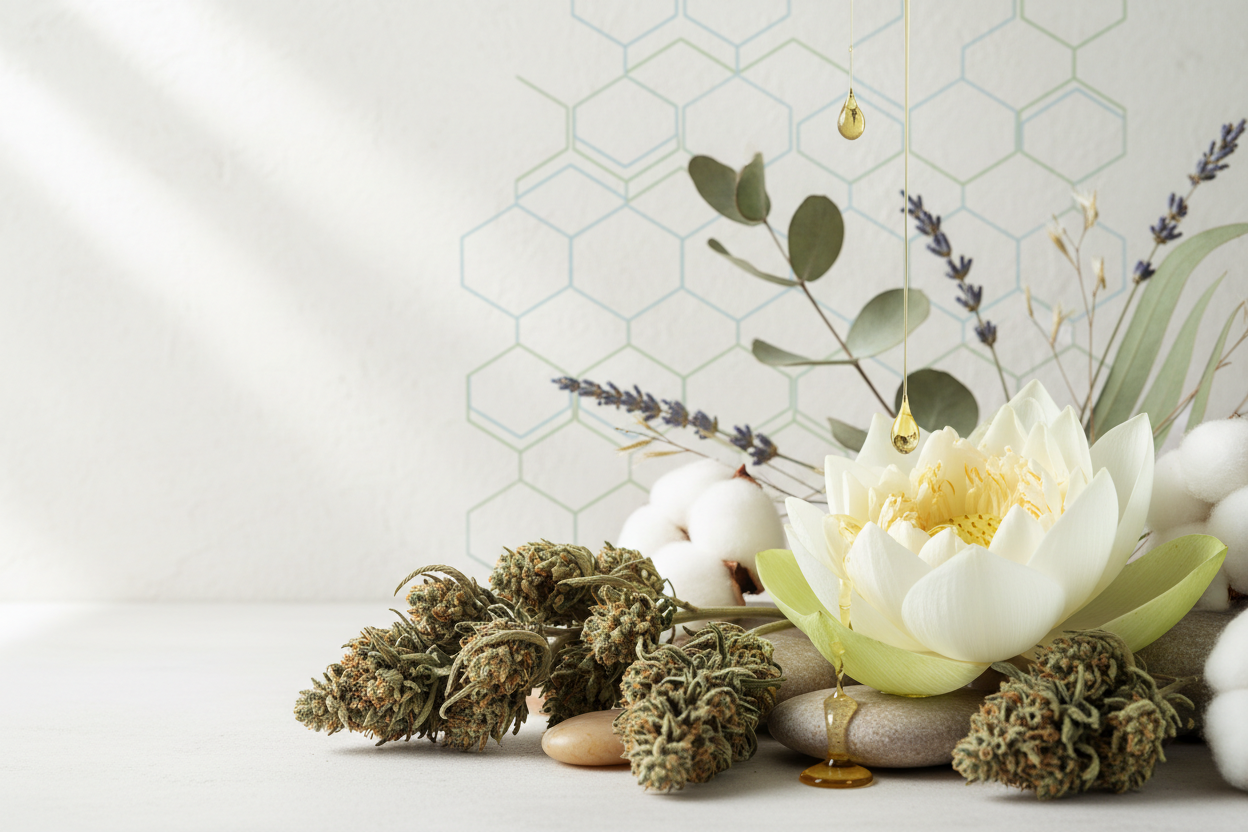 Guía completa del CBD 2026 - Flores y cogollos de cáñamo con aceite de CBD y elementos científicos sobre fondo natural