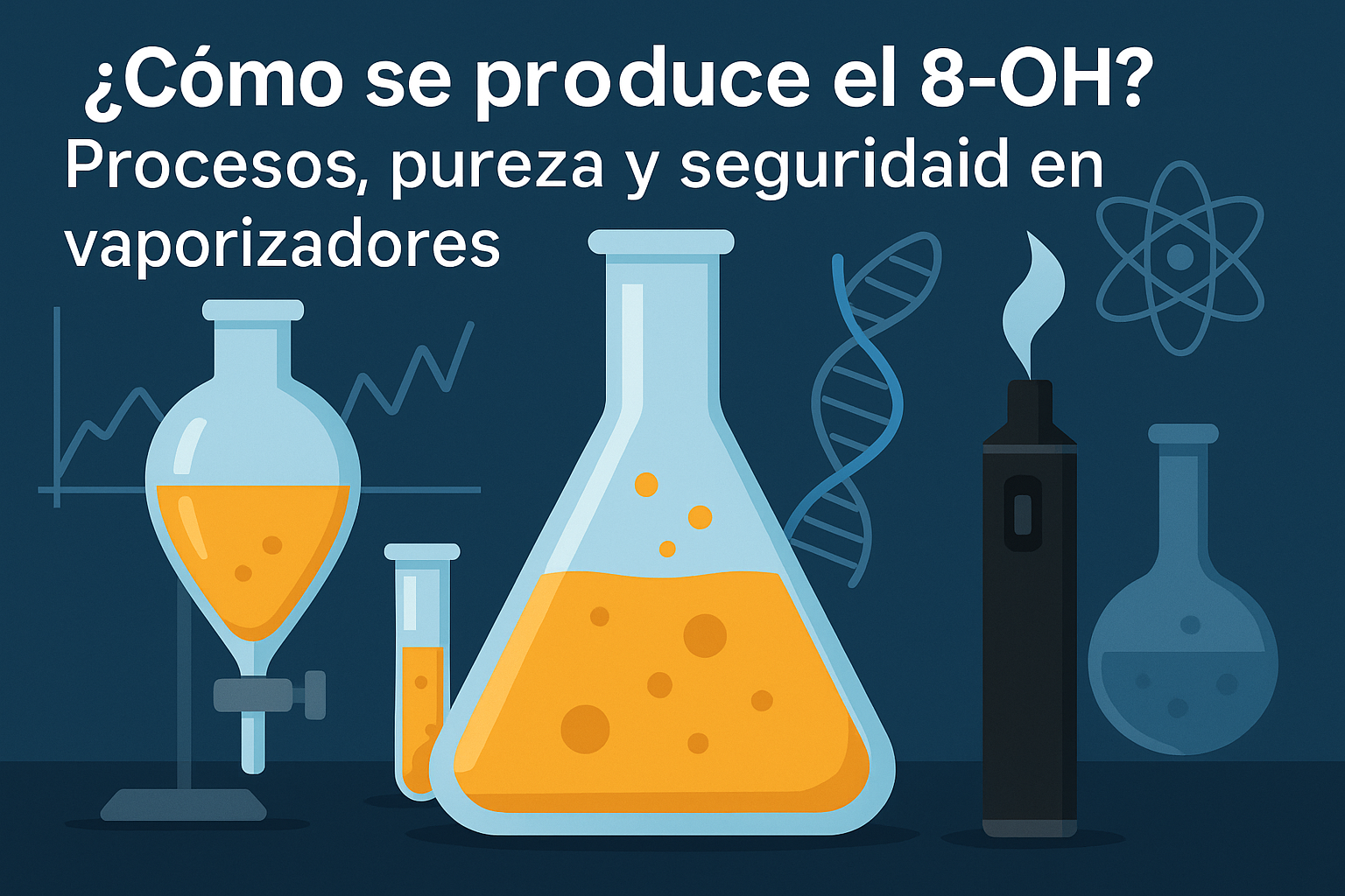 Ilustración digital representando el proceso de producción del destilado 8-OH en vapers Taboga CBD