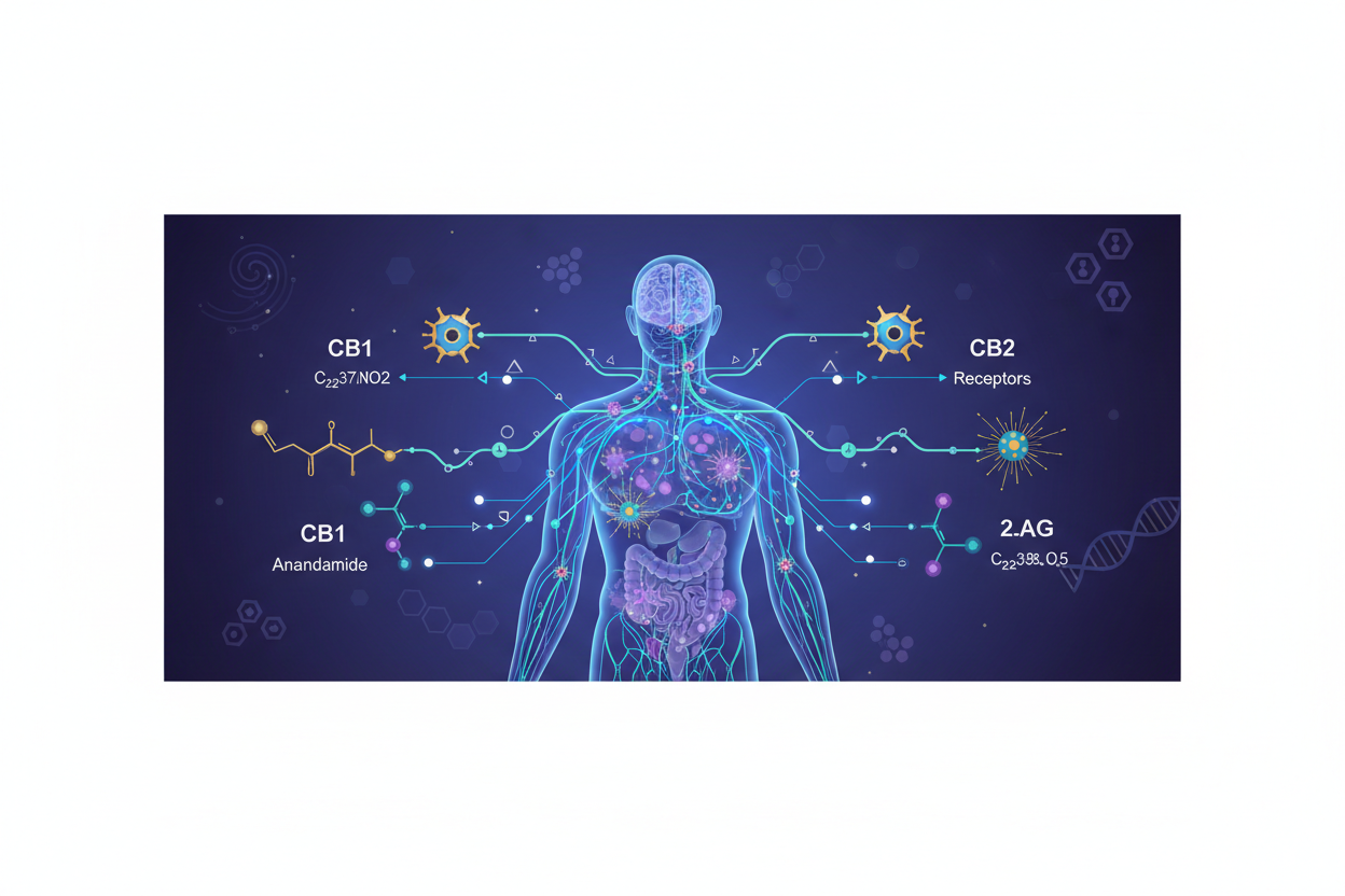 Sistema endocannabinoide - Ilustración científica con receptores CB1 y CB2, estructuras moleculares de endocannabinoides y vías neuronales en el cuerpo humano